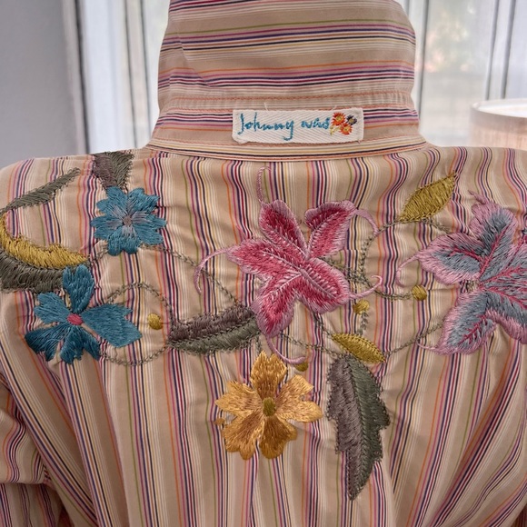 Johnny Was Striped Embroidered Floral Button Up Size M Women's Top Shirt Blouse - Picture 10 of 12